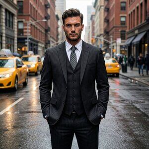 New 2026 Mens 3pc Pinstripe Dark Grey Suit Set, Hybrid Fit